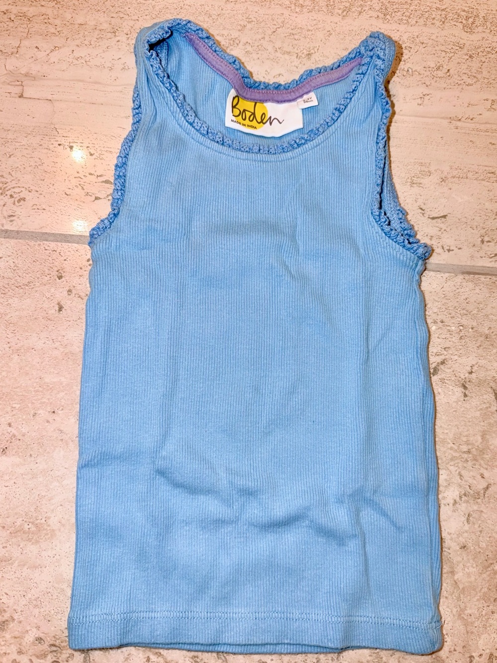Boden Blue Ribbed Tank with Ruffle Trim